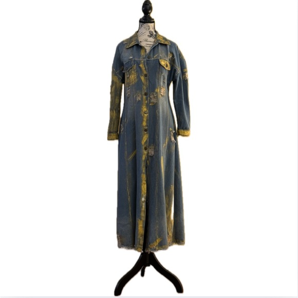 Hand-Painted Distressed Denim Maxi Duster Jacket w. Gold Finish
